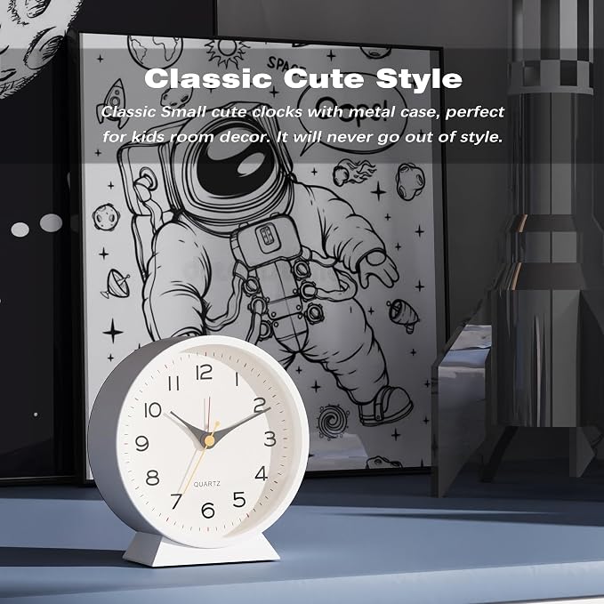 AYRELY® 4.5" Analog Alarm Clock, Small Retro Desk Clock and Table Clock | Battery Operated, Silent Metal Table Clock with Light for Living Room Decor, Bedroom, Bedside and Shelf
