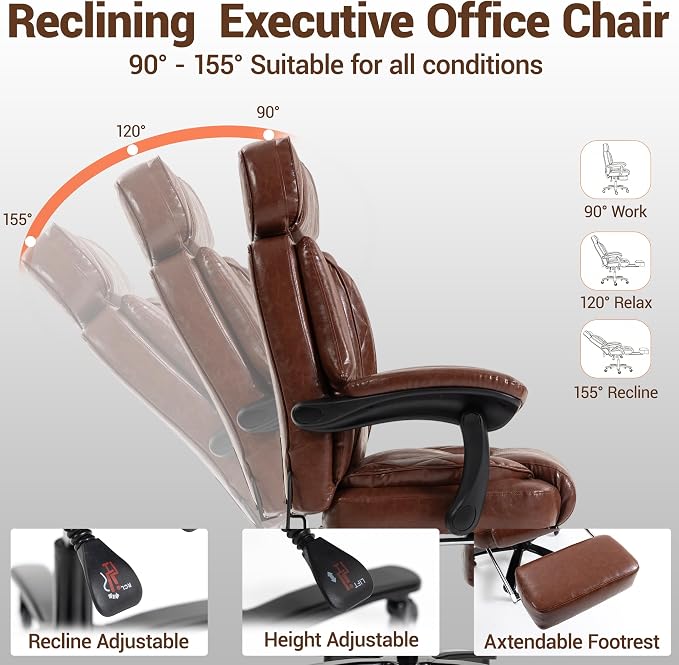 750 LBS Big and Tall Executive Home Office Chair w/Footrest, Black | PU leather, Built for Heavy People, Lumbar Airbag, High Back, Wide Seat, Reclining 90°-155°, Home Office Gaming Room