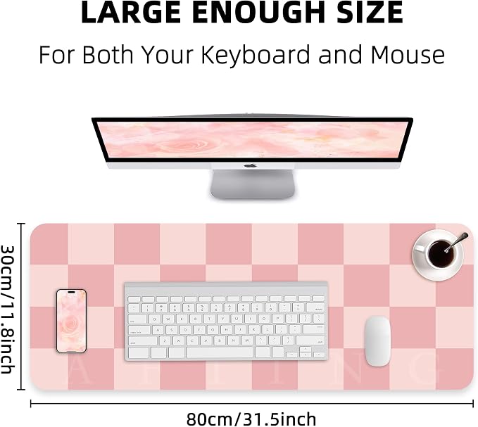 AFIING Pink Checkered Desk Mat, 31.5" x 12"，Waterproof PU Leather Desk pad | Non-Slip Rubber Base, Easy Clean Surface, Desk Protection, Office & Home