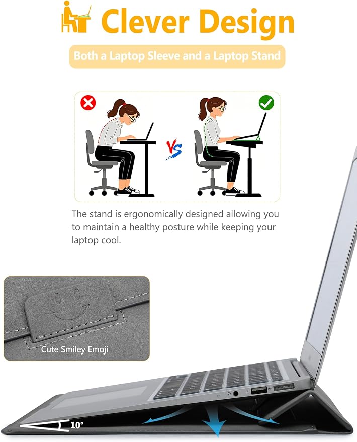 HYZUO 13 Inch Laptop Case Sleeve with Stand for 2026-2018 MacBook Air 13 M5 M4 M3 M2 M1, 2026 13" MacBook Neo, 2026-2016 MacBook Pro 13 M2 M1, iPad Pro/Air 13, Surface Pro 12-3, XPS 13, Dark Gray