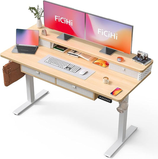 FiCiHi Electric Standing Desk with Four Drawers, 55 x 24 Inch Adjustable Height Sit Stand Desk, C-Clamp Compatible Home Office Desk with Storage Shelf & Monitor Stand Riser, Maple