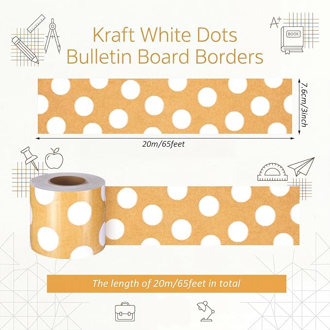 Zonon 65.6 Ft Kraft Bulletin Board Border White Polka Dots Themed Classroom Decor Straight Border Trim for Office Whiteboard Walls Desks Windows Doors Lockers