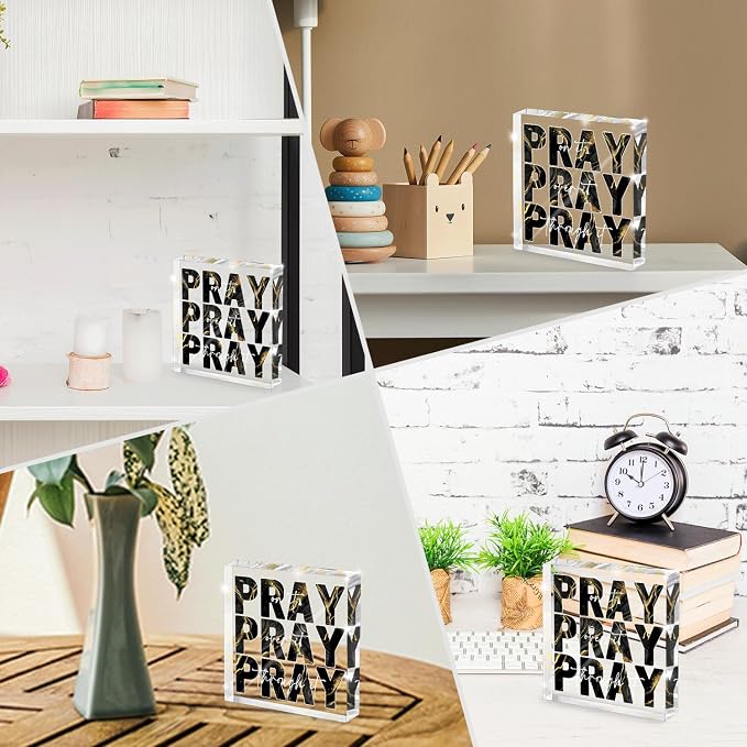 Black Gold Desk Decorations for Office, Ideal Christian Gifts for Women - Pray On It,Pray Over It - Bible Verse Desk Art, Inspirational Decor, Dorm Room Decor for Women, 4 x 4 inches(Black Gold)