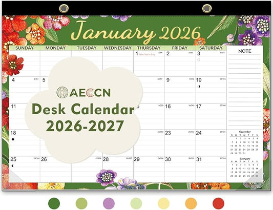 AECCN Desk Calendar 2026-2027, 18 Months Until June 2027 with Stickers, 17x12 Inch Ample Space, Thick Paper, Desktop Calendar 2026-2027 for Home, Office, Student and Teacher Supplies- Flower