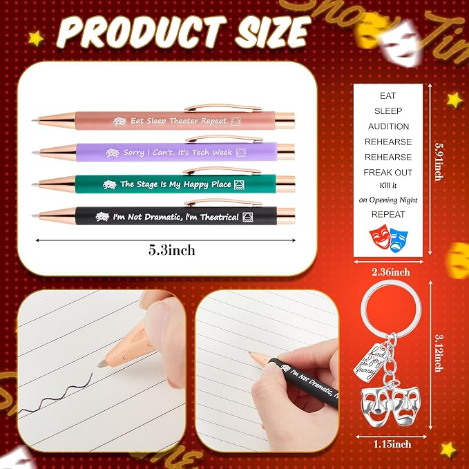 Sayglossy 24 Set Theater Gifts Drama Mask Keychain Ballpoint Pen with Quotes Comedy Tragedy Mask Theatre Keychain Performer Theatre Lover Gift for Women Men Friends Actors Drama Students Reward