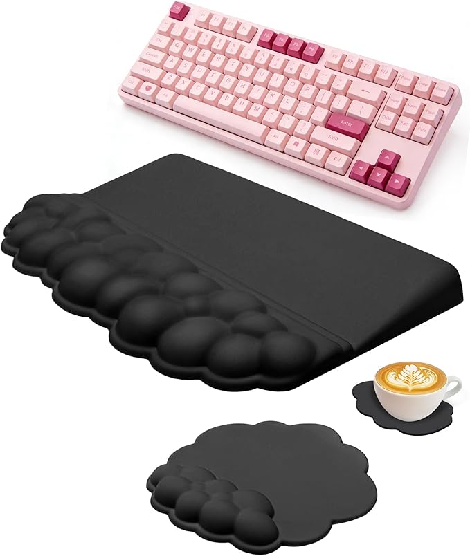 Cloud Wrist Rest Set for Keyboard and Mouse, Cute Memory Foam Wrist Support & 2-in-1 Adjustable Keyboard Stand, Silky Lycra Surface, Two Typing Angles, Non-Slip Base (Black)