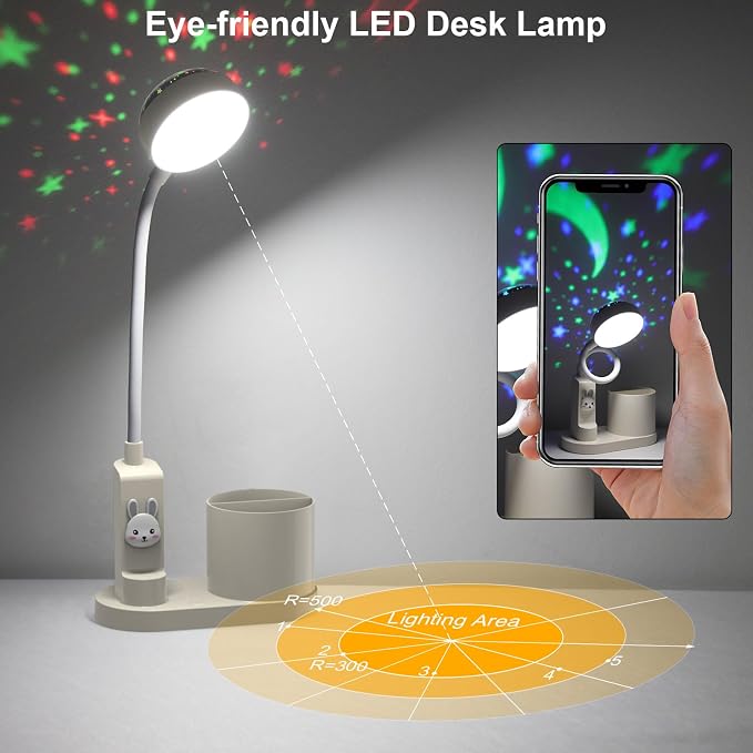 Cute Desk Lamp for Home Office, Touch Small Table Light for Kids | Eye-Care Dimmable Bedside Reading Light, Flexible Gooseneck, Star Projector Night Light with Pen Holder for College Dorm