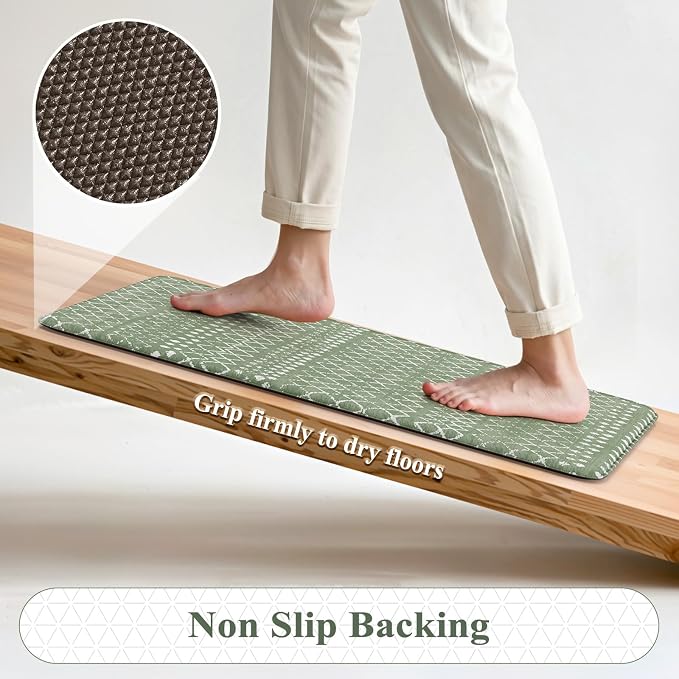 KIMODE Kitchen Mats for Floor Anti Fatigue Green Boho Kitchen Rugs Sets of 2 Cushioned Kitchen Floor Mats Comfort Standing Mat Geometric Laundry Room Rug for Bathroom Sink Office Desk 17"x47"+17"x29"