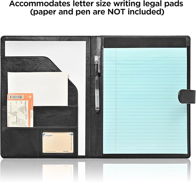Padfolio Portfolio Folder,Faux Leather Legal Pad Holder,Interview Resume Folder with Document Organizer & Business Card Holder,Letter-Sized Notepad Holder (Black)