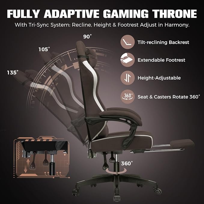 GTPLAYER Big and Tall Gaming Chair 350lbs Heavy Duty Office Chair with Foot Rest, High Back Pocket Spring Ergonomic Computer Chair for Adults, Wide Comfy Seated Cushion with Linkage Armrests, Brown