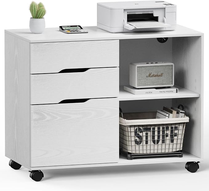 DUMOS File Cabinet with 3 Drawers, Wood Under Desk Storage Printer Stand | Rolling Lateral Filing Cabinet with Adjustable Shelves for Home Office Study Organizatiom, Classic White