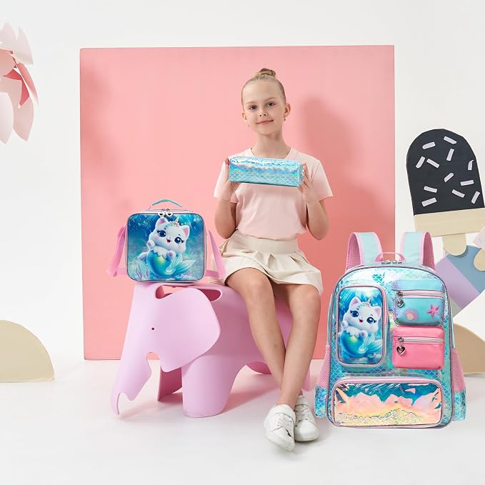 Meetbelify Cute Cat Backpack for Girls Backpack with Lunch Box Pencil Case for Elementary Student Kids School Bag for Girls Ages 6-8 Years Old