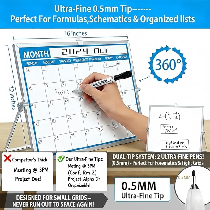 Magnetic Desktop Whiteboard with Calendar 12x16 Inch, Double Sided Tabletop Whiteboard with 10 Premium Markers (for Small Grids), 15-Pc Portable Monthly Planner for Office & School
