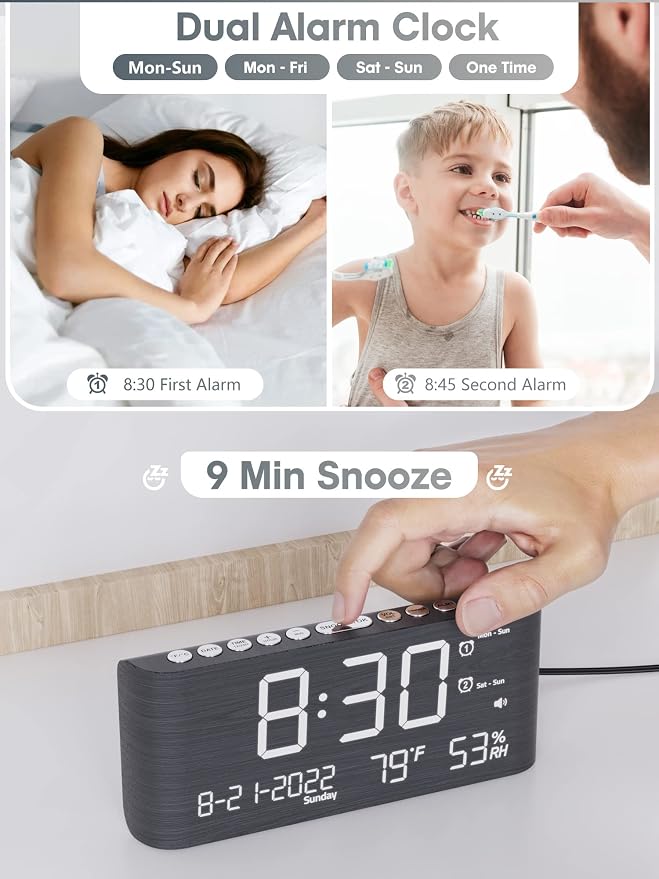 Raynic Alarm Clock, 8.7 Inch Digital Clock, Alarm Clock with USB and Type-C Charger,Dual Alarms,Temperature, Humidity,Date, 5 Adjustable Volume and 5 Dimmer for Bedroom Living Room Office (Grey) | USB-C and USB Charging Ports, Date, Indoor Temperature ...