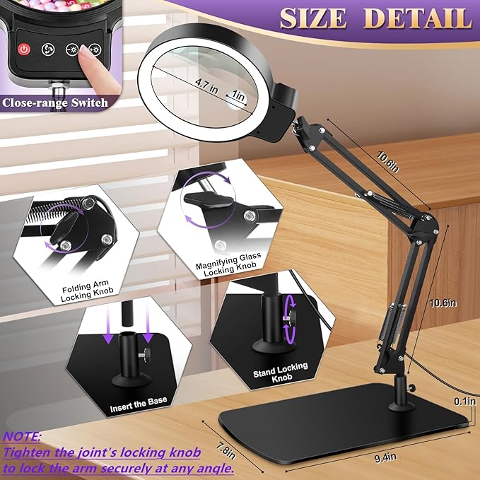 10X 30X Large Magnifying Glass with Light and Stand, 5-inch Lighted Magnifier, 72 LED 3 Color Modes Stepless Dimmable, Hands-Free Magnifying Glass Desk Lamp for Reading Craft Hobby Close Work Black