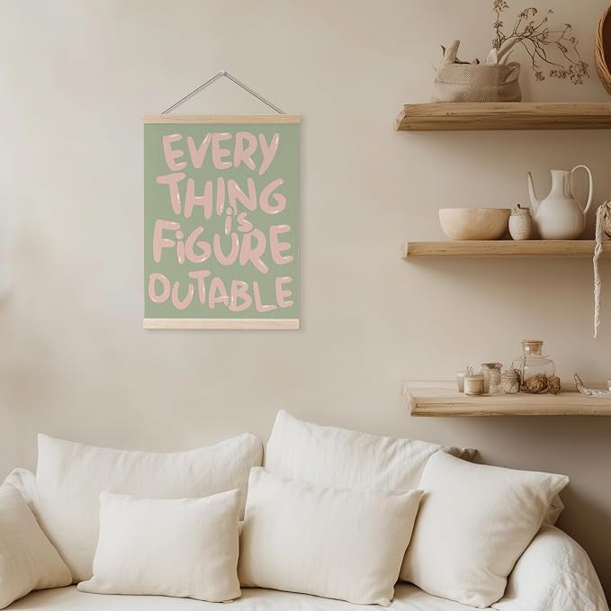 YQDEJ Pink Green Everything Is Figureoutable Inspirational Wall Art Poster Hanger Frame, Pink Green Positive Affirmations Wall Decor, Motivational Wall Art for Home Office Classroom, 12x16 Inch