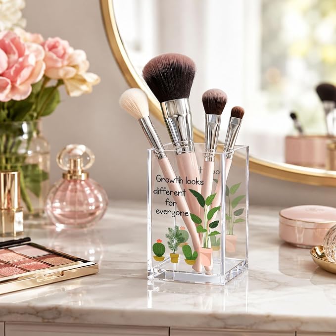 Acrylic Pen Holder Cup, Growth Looks Different for Everyone Desk Decor, Inspirational Pencil Holder Organizer, Motivational Gift for Coworker Friend Women