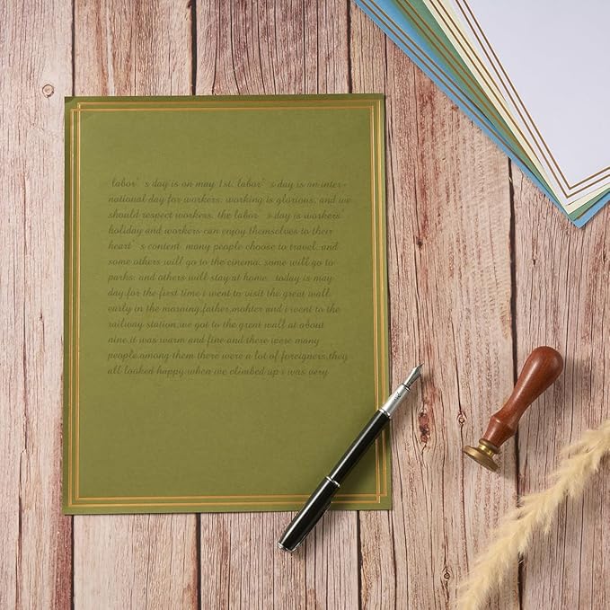 60 Pack Stationery Set Paper with Gold Border, 8.5x11 Inch Paper Sheets for Writing Letters, Letter Size Writing Paper (Olive Green, 8.5x11 inches)