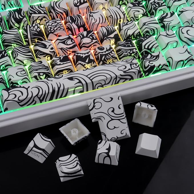 Tsungup PBT Keycaps,138 Keys Custom Cool Dragon Pattern Side Print Keycaps,Cherry Profile Key Caps Keyboard Keycap Set for 60% 65% 75% 80% 100% MX Switches Mechanical Keyboard(White)