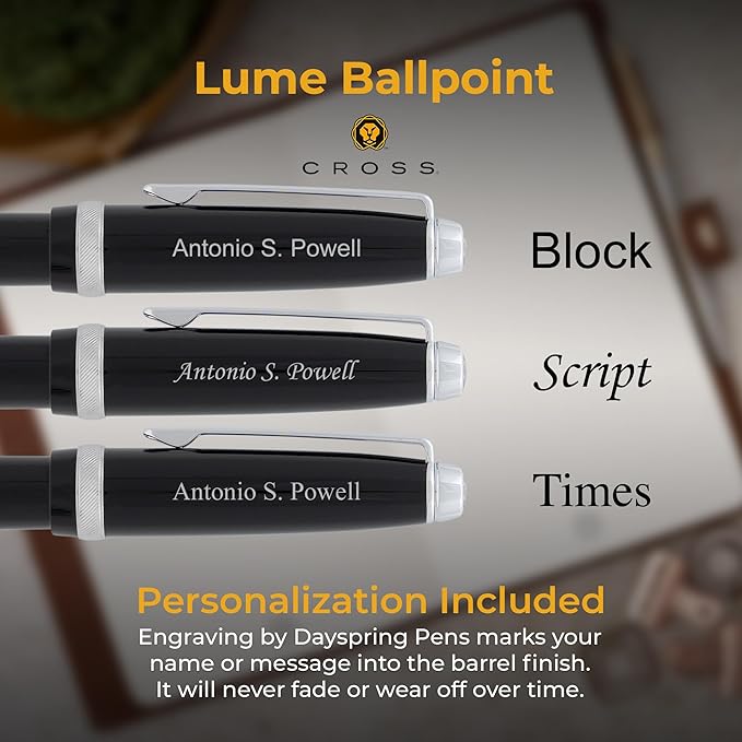 Cross Lume Engraved Ballpoint Pen, Obsidian Black Resin with Chrome Trim, Personalized Gift for Graduation, Career Advancement, Executives, and Groomsmen, Cross Gift Box Included