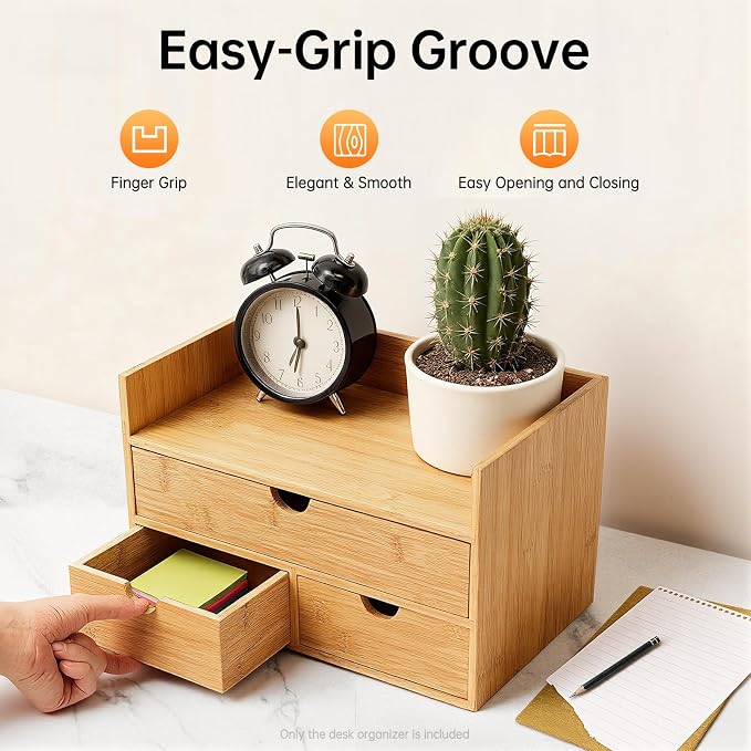 Desk Organizer, Office Vanity Bamboo Desk Organizer, Mini Bamboo Desk Drawer Tabletop Storage Box with 3 Drawer Night Stand Table Organizer for Makeup Vanity Office Supplies (3 Drawer, 1 Top+2 Bottom)
