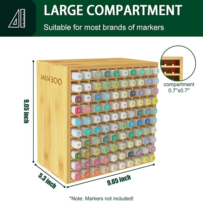 MinBoo Art Marker Storage Organizer for 100 Markers, Bamboo Art Supply Rack, Pens Color Pencils Paint Brushes Stationary Organizer Holder for Home Classroom Office Desk Decor