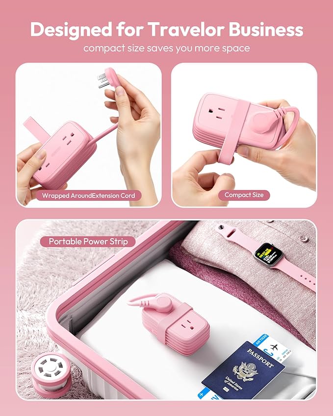 NTONPOWER Pink Travel Power Strip,Travel Essentials 4 Outlets 3 USB(1 C) with 4FT Wrapped Extension Cord Flat Plug, Cruise Essentials 2026 for Hotel Travel Cruise Essentials