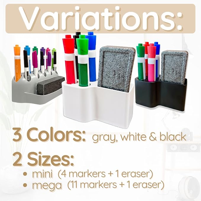 Whiteboard Marker Holder Magnetic - Dry Erase Marker Organizer with Adhesive Mount - Office Supplies Organizer for Classroom, School, Fridge - Made in USA, White 2 Pack