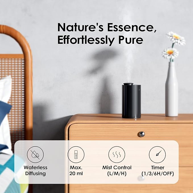 Airversa Waterless Essential Oil Diffuser Starter Kit with 30mL Hotel Fragrance Oil Inspired by Blagio, Battery Operated Car Diffuser, Portable Aroma Nebulizer for Home Car Office, AN6Kit-4, Black