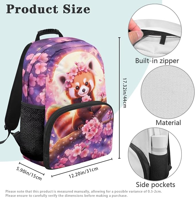 Red Panda Backpack Set for Girls – 17 Inch Cute Cartoon Bookbag with Lunch Bag, Cherry Blossoms Backpacks for 1st 2nd 3rd Grade Elementary Kids Ages 6-8 Back to School