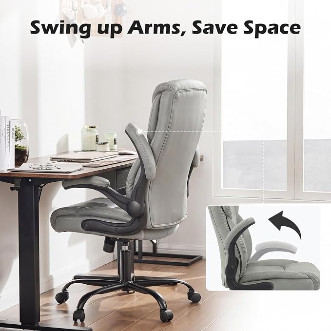 DUMOS Office Chair Set of 2 - Ergonomic Executive Computer Desk Chairs with Adjustable Flip-up Armrest, Swivel Task Chair with Lumbar Support, Strong Metal Base, PU Leather, Grey