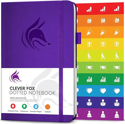 Clever Fox Dotted Notebook – Dot Grid Bullet Numbered Pages Hard Cover Notebook Journal With Thick 120g Paper and Pen Loop, Stickers, 3 Bookmarks, Smooth Faux Leather, 5'' x 8.25'' - Deep Purple