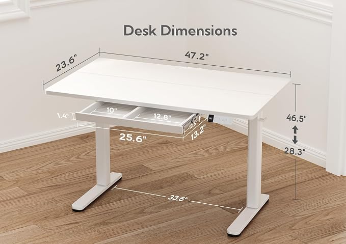 Claiks Standing Desk with Drawers, 48x24 Inch Electric Stand Up Desk, White Adjustable Height Sit Stand Computer Workstation, White | Steel frame supports 176 lbs, 28.3-46.5 inch height range, 3 memory settings, 45 dB motor