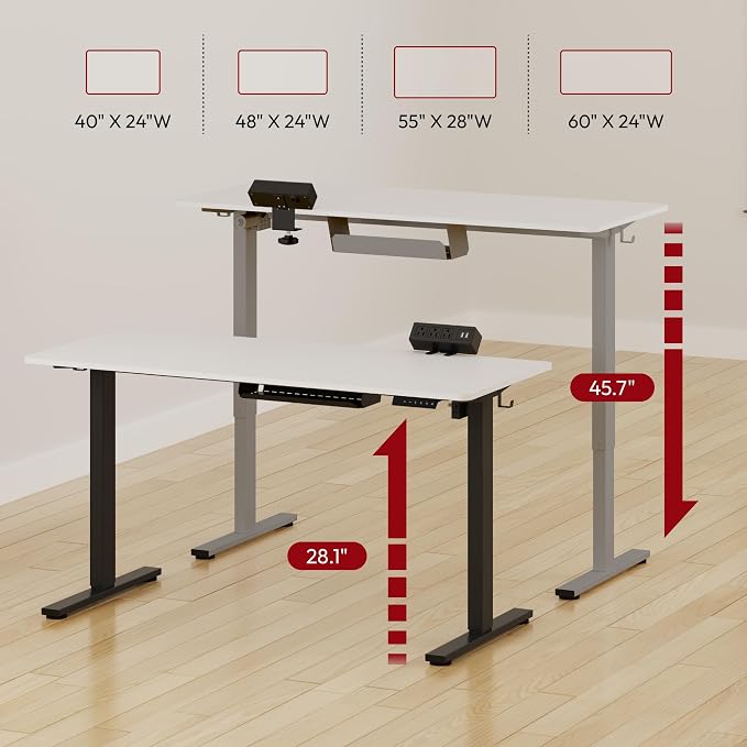 SANODESK Electric Standing Desk with Desk Clamp Power Strip 55"x 28" Whole-Piece Desktop Height Adjustable Stand Up with Cable Management Sit Stand Home Office Desk Silver Frame/White Top