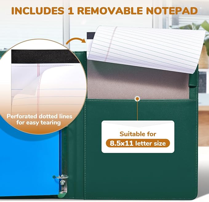 JoyCat 3 Ring Binder Clipboard with Storage,12.4"x10.2"Magnetic Clipboard Folder with 5 Expandable Folders,Refillable Lined Notepad (11" x 8.5"),Ideal for School Office Nursing(Dark Green)