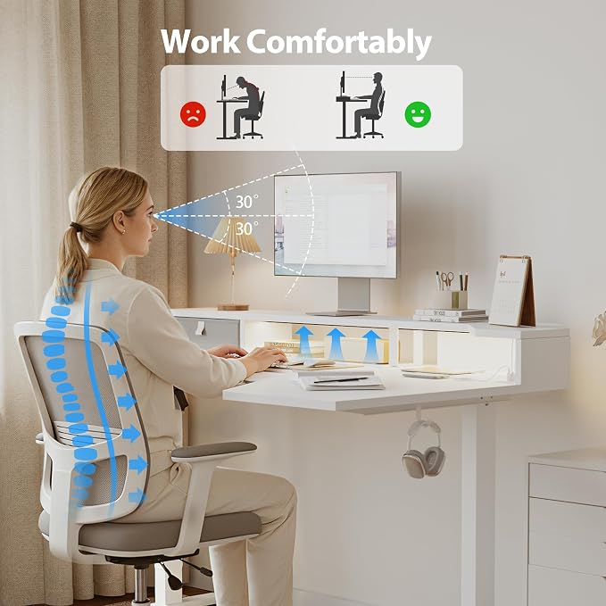 Agilestic 63 Inch L Shaped Electric Standing Desk with Shelf, Height Adjustable Large Desk with Power Outlet & LED, Corner Sit Stand Up Table with Monitor Stand, Computer Workstation, White