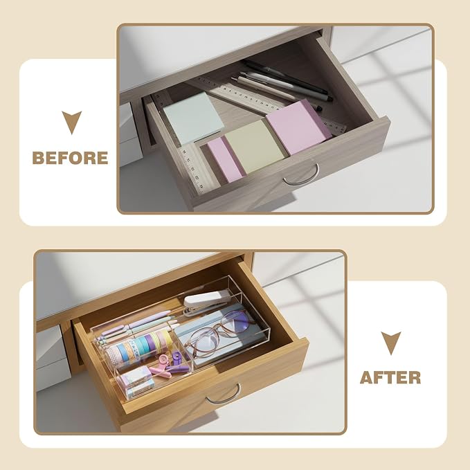 Briwooody Clear Acrylic Drawer Organizer,4 Compartments,Small | 11 x 6.1 x 1.38 Inch Desk Storage Tray Organizer for Pen, Stationery, Desktop, Office, Bathroom, Kitchen, Makeup Supplies