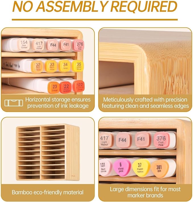 walowalo Marker Organizer Hold 176 Markers Alcohol Marker Storage Bamboo Pen Holder Art Supply Pencil Storage Organizer Gift 22 Compartments All-in-One Marker Storage for Home Office Desk Classroom