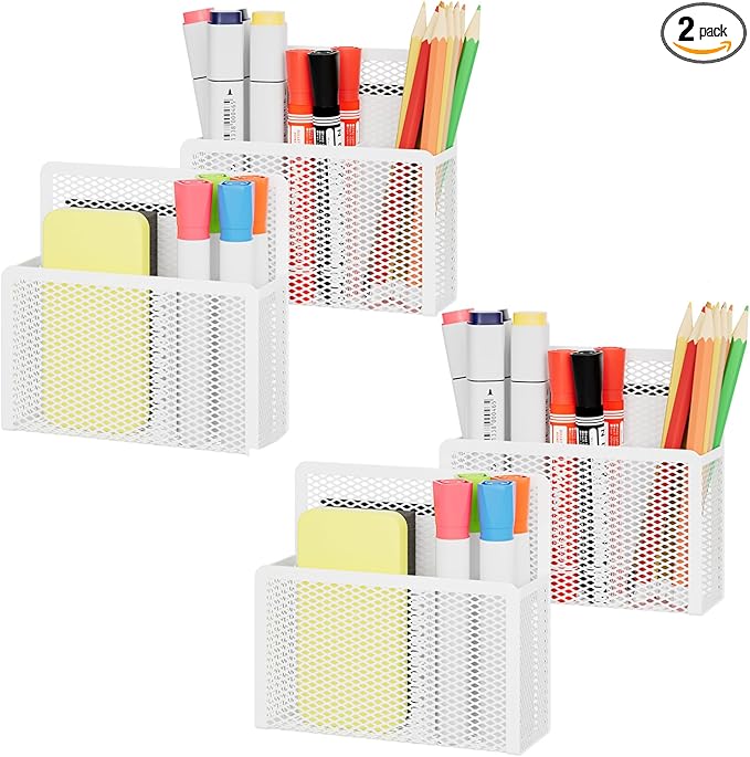 Marbrasse Magnetic Dry Erase Marker Holder, Mesh Pen Holder for Whiteboard，Magnet Pencil Organizer Storage for Refrigerator Locker Accessories Organizer for Home, School and Office(White 4p)