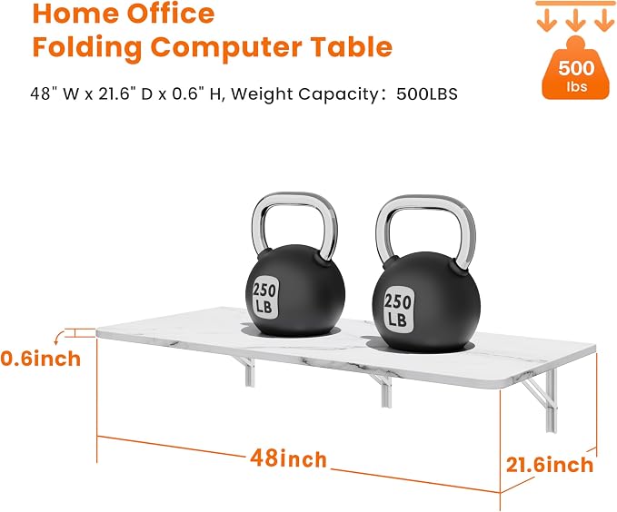 IAE Wall Mounted Floating Foldable Desk, 48" x 22" Folding Computer Workstation Table with Engineered Wood and Metal Shelf Brackets,Fold&Floating Design for Home Office, Apartment,Laundry Room,White