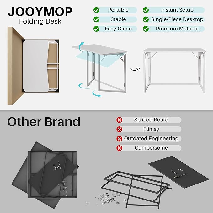JOYMOOP White Folding Desk - 40", No Assembly Middle Size Foldable Desk for Home, Office, Wooden Top Folding Computer Desk for Working, Writing, Studying