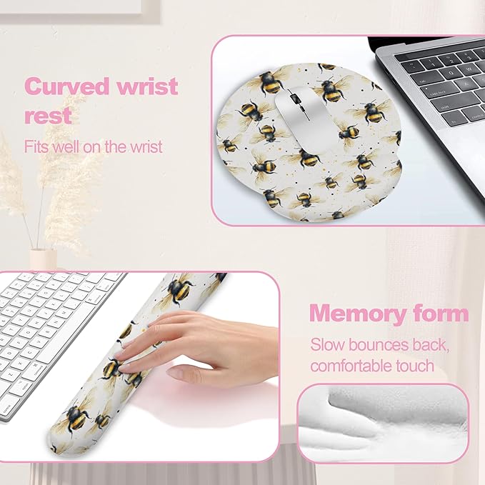 Cute Bee Mouse Pad with Wrist Rest Set, 3-in-1 Wrist Support Mousepad Set, Gaming Mat Pad with Anti-Skid Base,Ergonomic Memory Foam Mouse Pad Set for Women, Office, Typing, Gaming