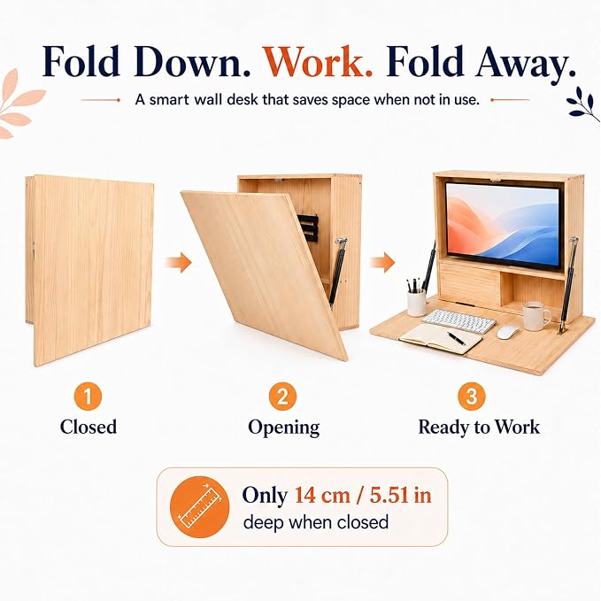 31 Inch Wall Mounted Folding Desk with Storage & Monitor Mount, Floating Fold Down Desk with Dual Gas Struts, Lockable Space Saving Desk, 200 lb Capacity for Home Office, Bedroom and Apartments
