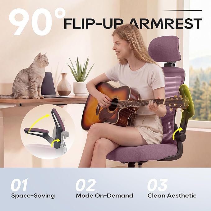 Ergonomic Office Chair, High Back Mesh Desk Chair with Adjustable Lumbar Support & Headrest, Flip-up Armrest, Computer Task Chairs for Home and Executive Office (B-Light Purple)