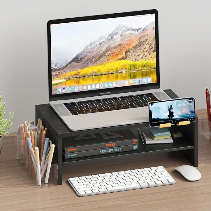 TEAMIX 2 Tiers Wood Monitor Stand Riser with Phone Holder & Side Pen Holder | Black Desk Organizer, 15.7L x 9.5W x 5.7 inch, Holds 80 lbs, Laptop/PC/Printer Stand, Ergonomic Design, Home Office Supplies