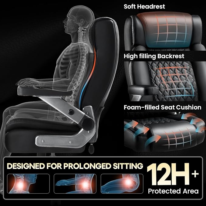 OFIKA 700LBS Large Heavy Duty Office Chair with 5D Flip Arms, Big and Tall Office Chair,High Back Computer Executive Desk Chair with Adjustable Lumbar Support,Dual Rubber Wheel(Black)
