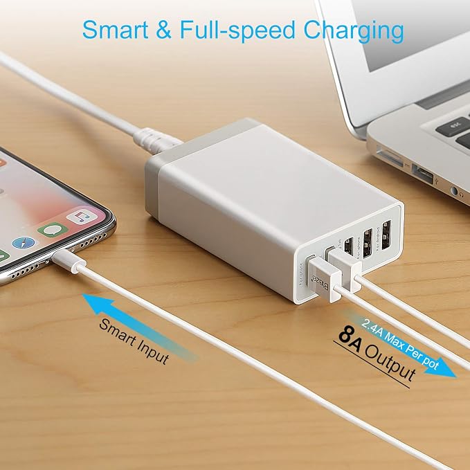 Desktop 5 Port USB Wall Charger 40W 8A, USB Hub Charging Station | Pezin & Hulin Protable Multi Port USB Charger for Multiple Devices, for Cell Phone, Tablet, Android Smart Phone and More