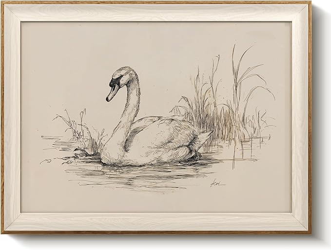 VIYYIEA Framed Wall Art for Living Room, Elegant Swan Pencil Sketch Canvas Prints, Minimalist Vintage Animal Nature Theme Home Decor, Bedroom Office Bathroom Aesthetic, 12x16 Inch