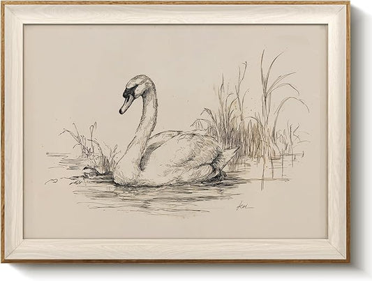 VIYYIEA Framed Wall Art for Living Room, Elegant Swan Pencil Sketch Canvas Prints, Minimalist Vintage Animal Nature Theme Home Decor, Bedroom Office Bathroom Aesthetic, 12x16 Inch