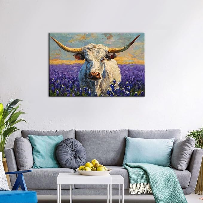 Colorful Animal Wall Art Longhorn Cattle Wall Decor for Living Room Vintage Lavender Fields Painting Poster Retro Farmhouse Country Wildlife Canvas Pictures Artwork Bedroom Office Decorations 24x36"